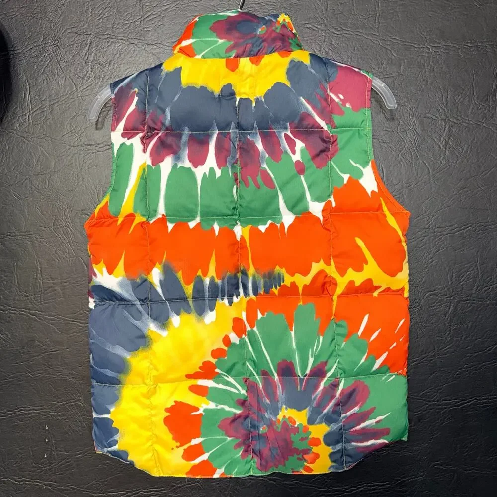 Lands End Unisex Kids Puffer Vest Tie Dye Snap Button Close Orange Blue Medium